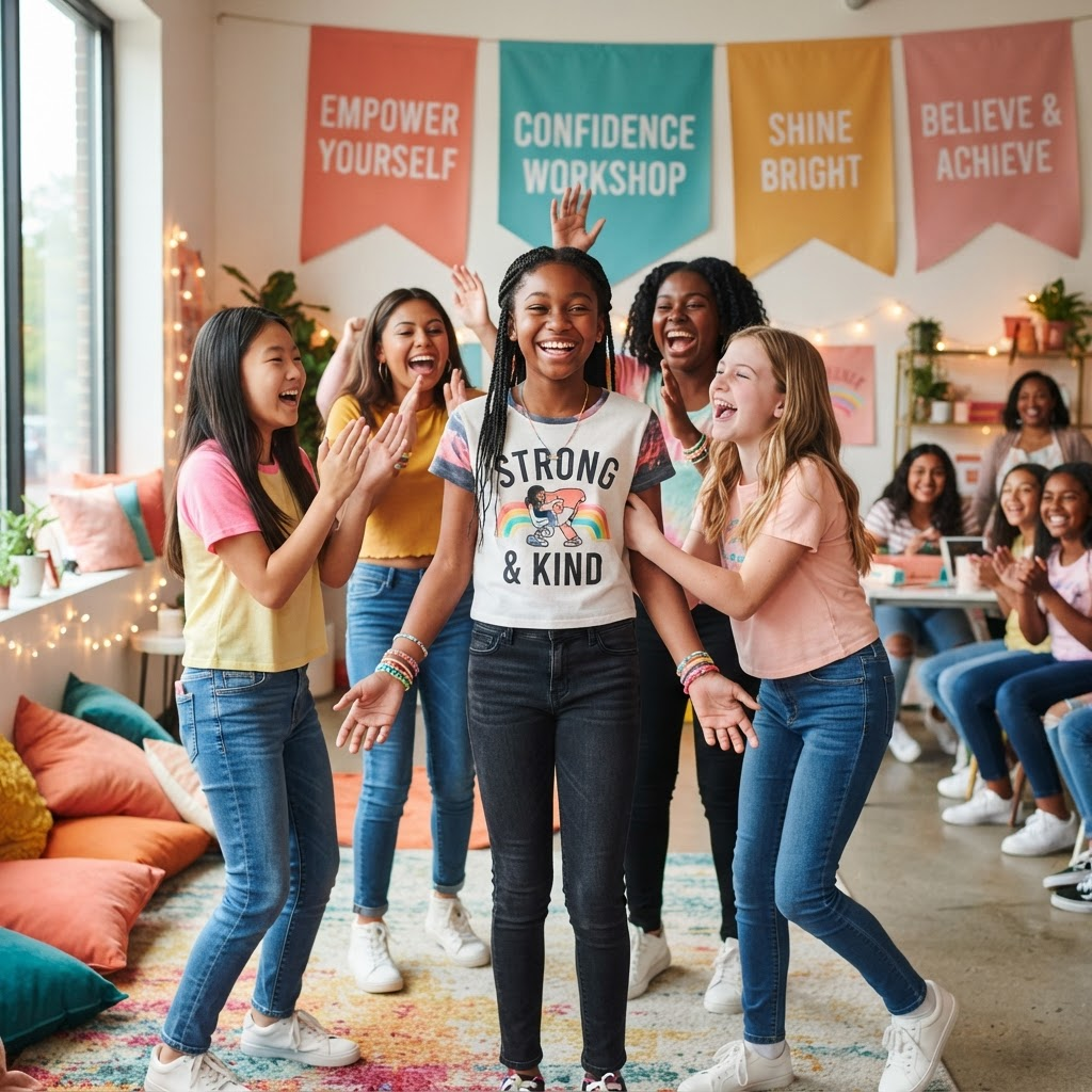 A confident girl being cheered on by her friends