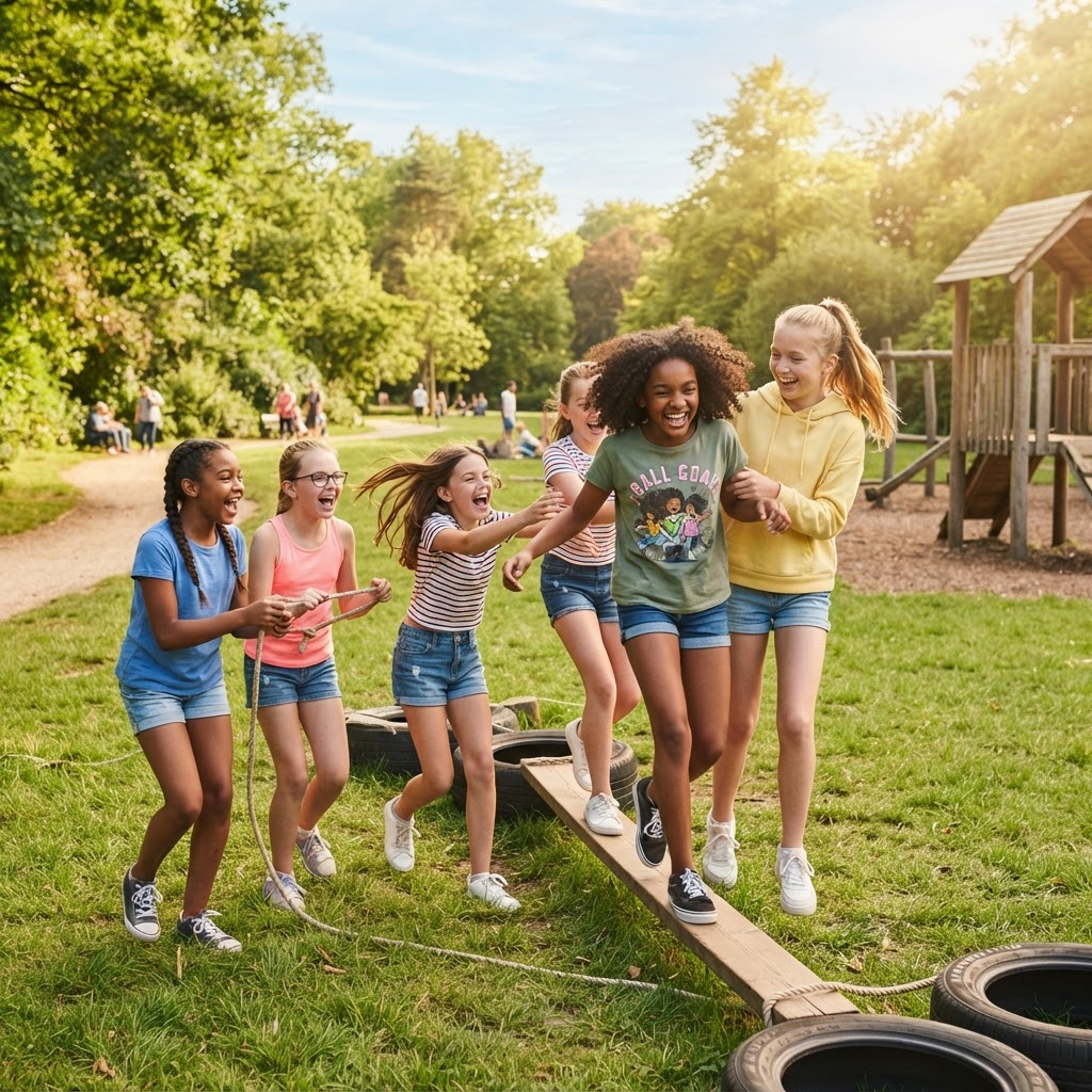 A group of girls playing teamwork games outdoors in a park
